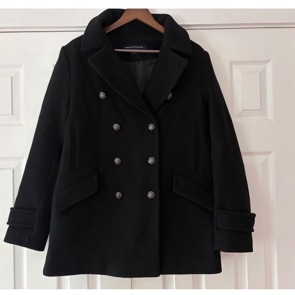French Connection Womens Black Wool Blend Double Breasted Pea Coat Size 12